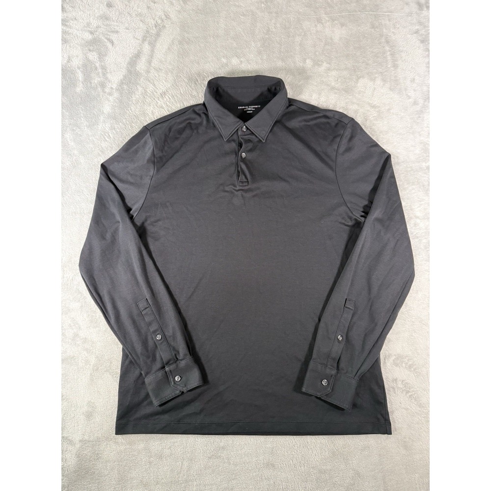 Charles Tyrwhitt Shirt Mens Medium Black Long Sleeve Polo Preppy Casual